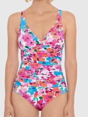 NWT! Swim Solutions Multi Color Floral Tummy Control One Piece Swimsuit NEW!